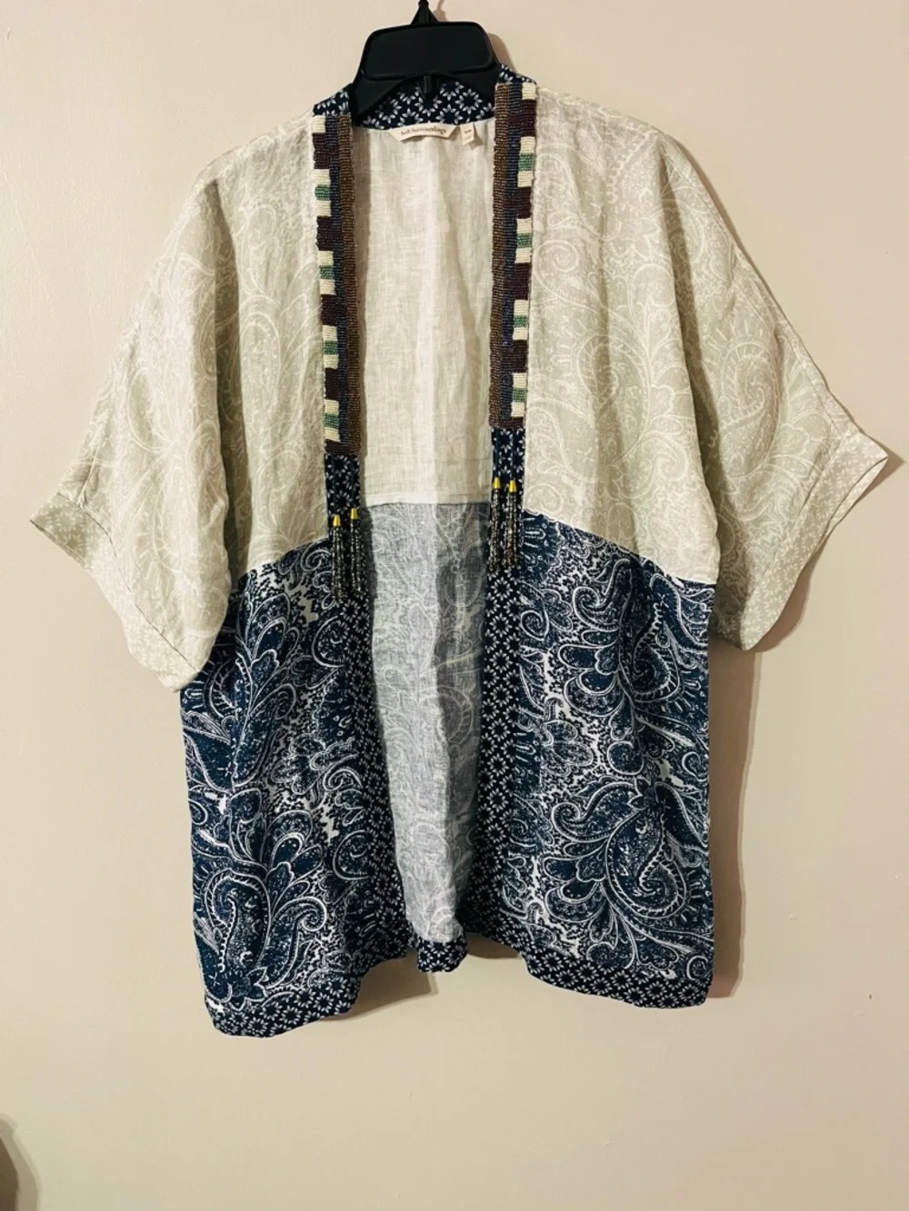 Soft Surroundings “Still Waters” linen kimono topper with beads Sz S/M - Picture 2 of 8